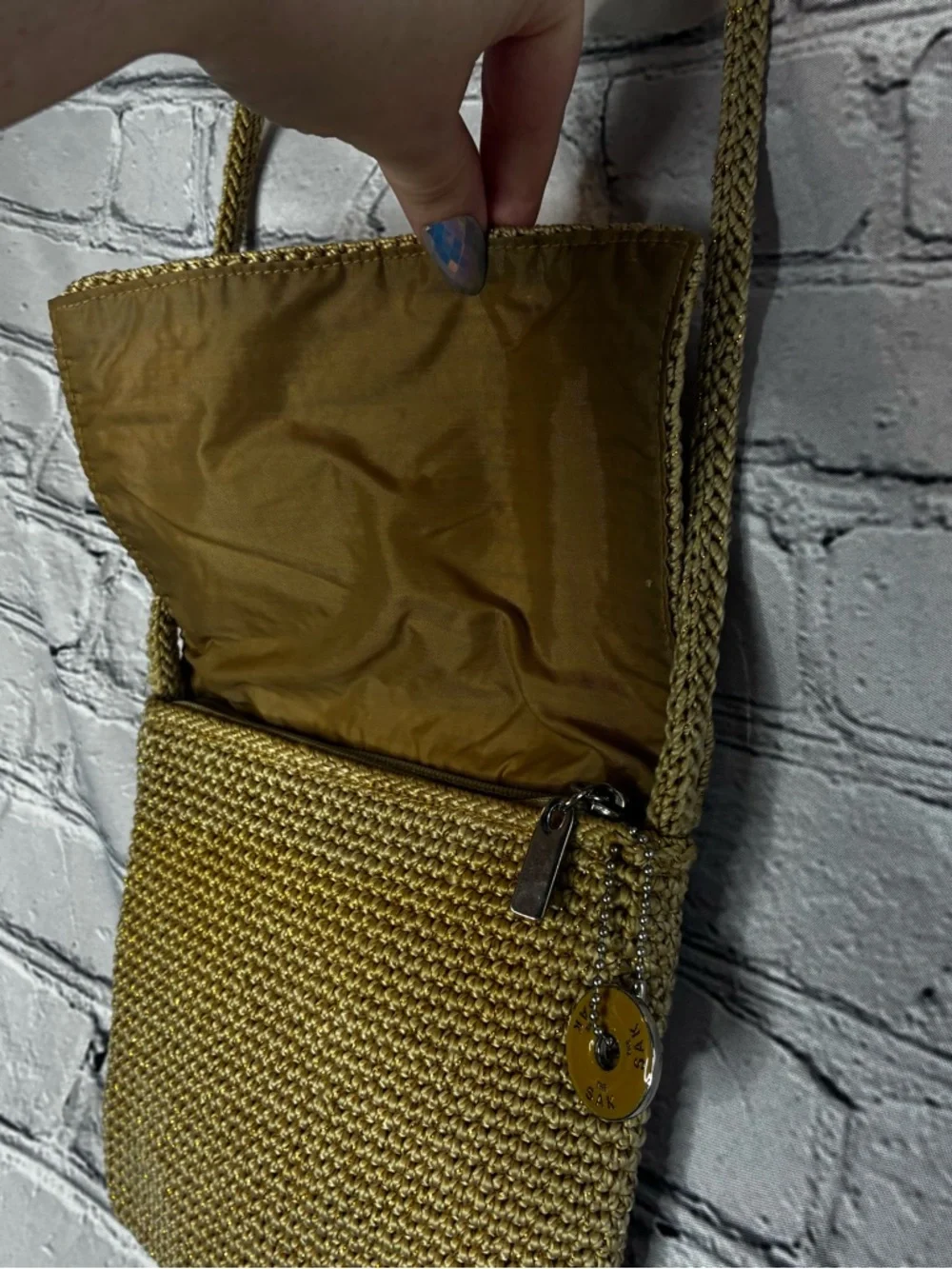 The Sak Small Woven Flap Minimalist Square Crossbody Bag Beige Tan Metallic Gold